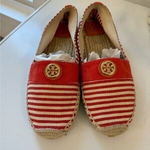 Tory Burch Beacher Striped Red and Cream Canvas Size